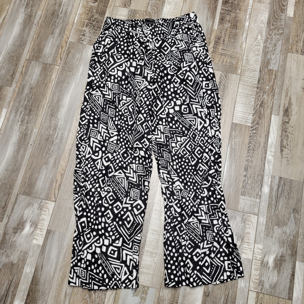 Tahari Black & White Linen Geo Print Wide Leg Pants Size Small - Picture 1 of 4